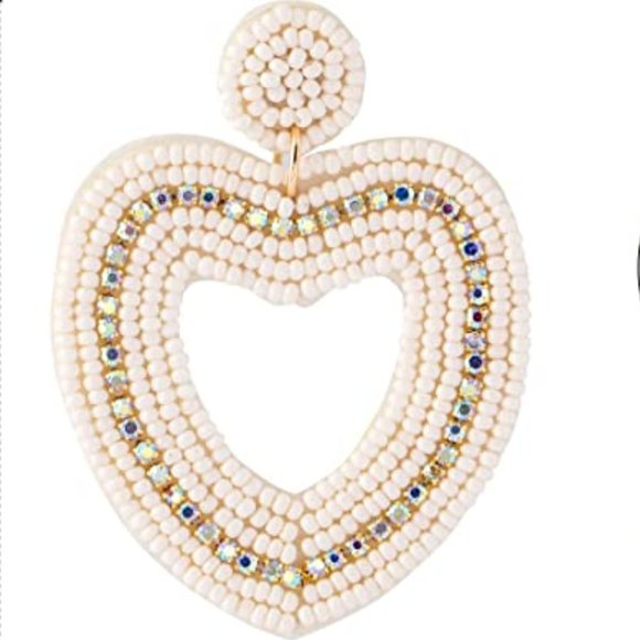 2.5" Handmade Large White Heart Beaded Earrings Beads & Rhinestones Handcrafted - Picture 2 of 6